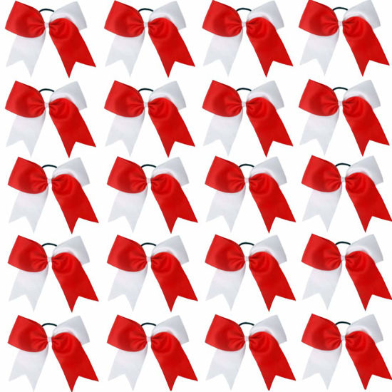 Picture of Hipcheer 20pcs 8" Large Red and White Cheer Bows for Girls, Hand-made Grosgrain Ribbon Hair Accessories for Teen Girls Softball Cheerleader Sports (Red/White (Pack of 20))