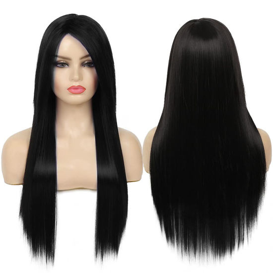 Picture of Baruisi Long Straight Black Wig Synthetic Silky Heat Resistant Side Bangs Halloween Cosplay Hair Wigs for Women
