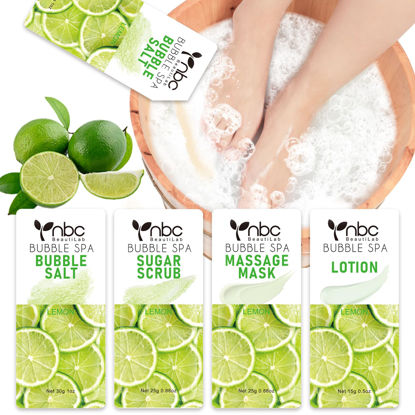 Picture of nbc BeautiLab Pedicure Kit Foot Soak Set: Bubble Salt, Sugar Scrub, Massage Mask, Massage Lotion in a Box, 4 Step Foot Spa Kit for Dry Feet,Tired Feet（1 Set Lemon)