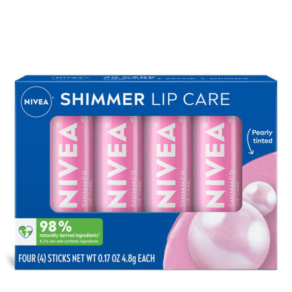 Picture of NIVEA Shimmer Lip Care, Shimmery Lip Balm Pack with Shea Butter, Nourishing Oils and Vitamin C & E, 3-in-1 Moisture, Repair and Shimmer, 0.17 Oz Stick, Pack of 4