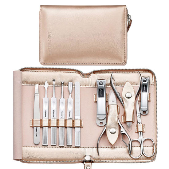 Picture of FAMILIFE Gifts for Women, Manicure Set Professional Manicure Kit 11 in 1 Nail Kit Nail Clippers Tools Stainless Steel with Rose Gold Leather Case Travel Sets