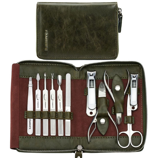 Picture of FAMILIFE Manicure Set, Professional Manicure Kit Nail Clippers Set 11 in 1 Stainless Steel Nail Pedicure Tools Kit Grooming Tool with Portable Green Leather Travel Case Luxury Gifts for Women and Men