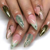Picture of Green French Tip Press on Nails Short Almond Fake Nails Gold Line False Nails with Design Star Glue on Nails Glossy Artificial Acrylic Nail Full Cover Nude Stick on Nails for Women Manicure 30Pcs