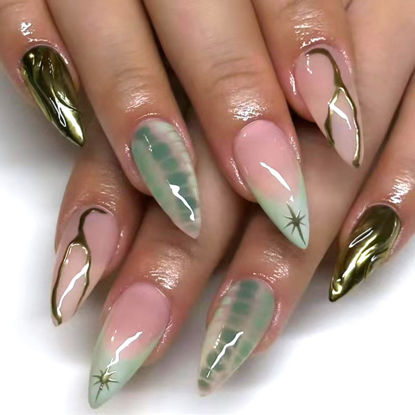 Picture of Green French Tip Press on Nails Short Almond Fake Nails Gold Line False Nails with Design Star Glue on Nails Glossy Artificial Acrylic Nail Full Cover Nude Stick on Nails for Women Manicure 30Pcs