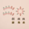 Picture of Green French Tip Press on Nails Short Almond Fake Nails Gold Line False Nails with Design Star Glue on Nails Glossy Artificial Acrylic Nail Full Cover Nude Stick on Nails for Women Manicure 30Pcs