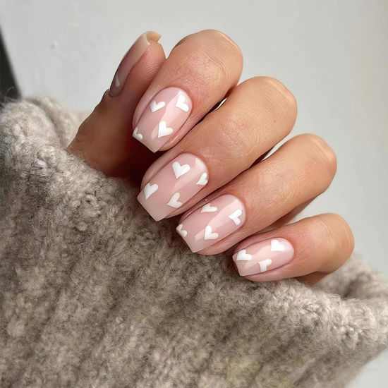 Picture of Heart Press on Nails Valentines Fake Nails Glossy Finish White Hearts Glue on Nails Short Square Valentine’s Day Artificial Nails Full Cover False Nails Cute Stick on Nails for Women Manicure 24Pcs
