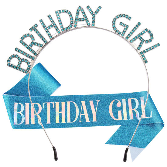 Picture of AOPRIE Birthday Crown for Women with Sash Blue Birthday Tiara for Women Birthday Girl Headband Princess Crown Rhinestone Happy Birthday Accessories