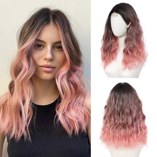 Picture of BUPPLER Ombre Pink Wig 18 Inch Medium Length Wigs for Women Middle Part Synthetic Hair Wavy Wig with Upgraded Strands,Natural Hair Wig for Daily Party/Halloween Use 18Inch,Ombre Pink