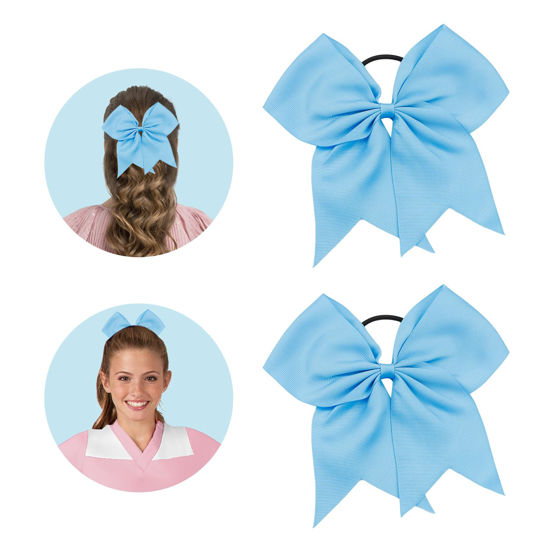 Picture of Large Cheer Bows for Cheerleaders Hair Bows for Girls Softball Hair Bows Teen Girls College Sports Elastic Ponytail Holder School Cheerleading Hair Accessories 8 Inch Bows for Girls 2 Pcs Light Blue