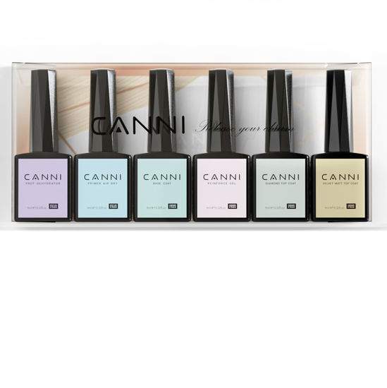 Picture of CANNI 6Pcs 9ml Hema-Free Nail Dehydrator Primer, Base Coat Reinforce Diamond Gel Top Coat and Matte Top Coat Gel Nail Polish Set, Soak Off LED Nail Gel Polish Set Nail Art Starter Manicure Salon