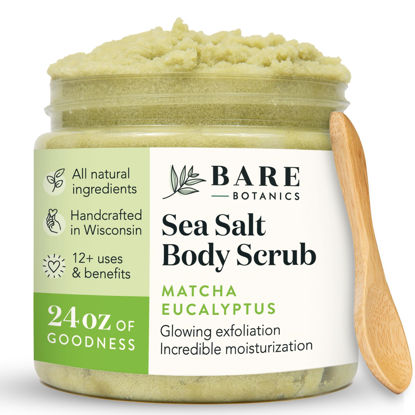 Picture of Bare Botanics Matcha Eucalyptus Body Scrub 24oz | Made in Madison, WI | All Natural Body Scrub w/Skin Loving Moisturizers | Vegan & Cruelty Free Sea Salt Exfoliator w/a Cute Wooden Spoon