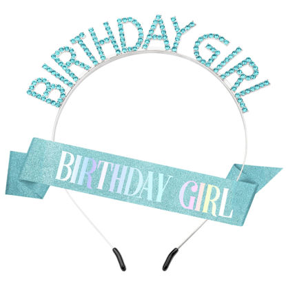 Picture of Birthday Sash Birthday Crown for Women, Birthday Girl Sash, Birthday Girl Crown, Glitter Light Blue Birthday Sash and Crown Rhinestone Headband Set, Happy Birthday Girl Princess Tiara Sash Accessories