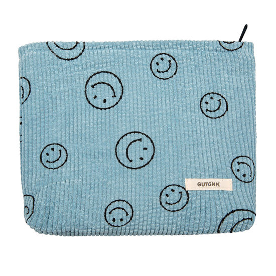 Picture of GUTGNK Makeup bag for Women, Corduroy Cosmetic Bag Aesthetic Design Ladies Tote Bag,Cute Smiley Face Makeup Organizer with Zipper - Blue