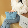 Picture of GUTGNK Makeup bag for Women, Corduroy Cosmetic Bag Aesthetic Design Ladies Tote Bag,Cute Smiley Face Makeup Organizer with Zipper - Blue