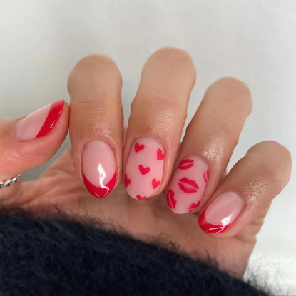 Picture of SINSEN Red Valentine's Day Press on Nails Medium Almond Fake Nails, French Tip Full Cover Glue on Nails with Red Lips Hearts Design, Cute Artificial Stick on Nails for Women and Girls Manicure, 24Pcs
