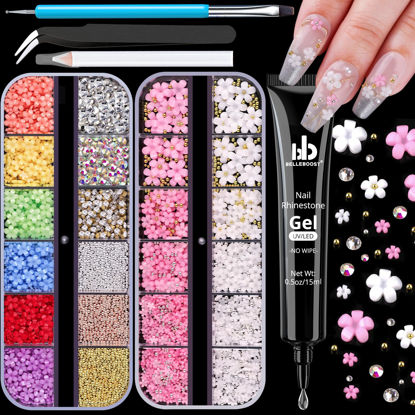 Picture of 3D Flowers Manicure Gems with Nail Rhinestone Glue Gel, Colorful Acrylic Flower Nail Charms with Caviar Beads, Rhinestones for Nails and Gem Glue for Nails (UV/LED Needed) with Pickup & Dotting Tools