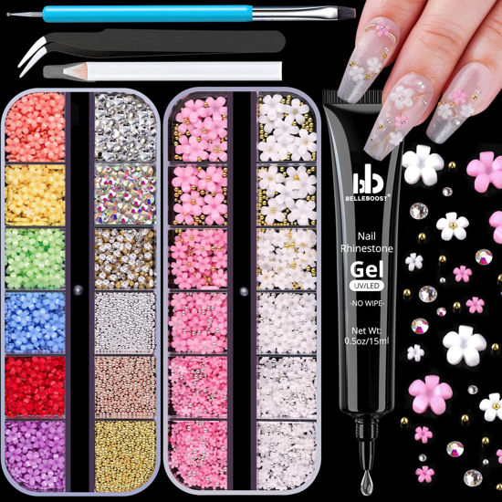 Picture of 3D Flowers Manicure Gems with Nail Rhinestone Glue Gel, Colorful Acrylic Flower Nail Charms with Caviar Beads, Rhinestones for Nails and Gem Glue for Nails (UV/LED Needed) with Pickup & Dotting Tools
