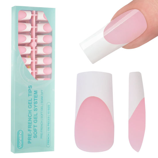 Picture of Vansiho French Tip Press on Nails, 150Pcs Long Square Pink Gel Nail Tips, French Square 3 in 1 Pre-French Gel Tips, Fake Nails for Nail Art DIY 15 Sizes