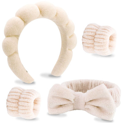 Picture of VELSCRUN 4 Pcs Spa Headband, Face Wash Headband, Khaki Bow Tie Bubble Microfiber Hairband for Women, Hair Accessories Gifts