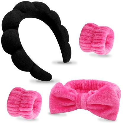 Picture of VELSCRUN 4 Pcs Spa Headband, Face Wash Headband, Skincare Headbands, Makeup Headband, Black Rose Red Puffy Sponge Hair Band Bow Tie Bubble Spa Headband Wristband Set Women Girls Hair Accessories