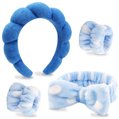 Picture of VELSCRUN 4 Pcs Hairband Set, Includes 2 Wrist Bands, Spa Sponges Headband, Bow Tie Headband, Navy Blue, for Women and Girls, Beauty Accessories, Gifts
