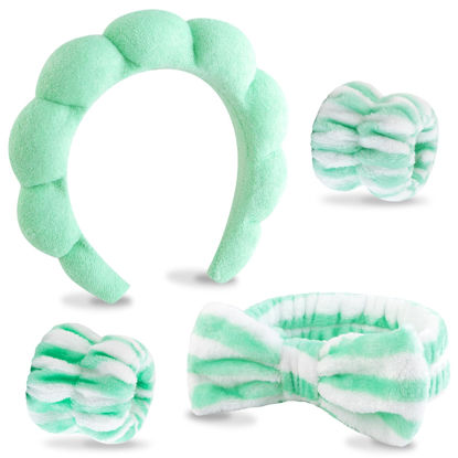 Picture of VELSCRUN 4 Pcs Spa Headband, Face Wash Headband, Skincare Headbands, Makeup Headband, Green Bow Tie Bubble Microfiber Hair Accessories for Women Girls Gifts