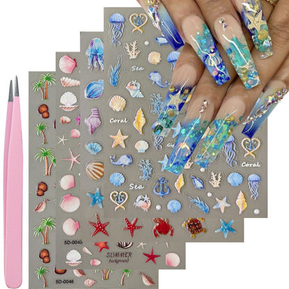 Picture of VOTACOS 4 Sheets Summer Nail Stickers for Nail Art 5D Summer Nail Decals 3D Nail Design Self-Adhesive Nail Supplies Accessories Shell Jellyfish Starfish Nail Stickers for Women Nail Decoration