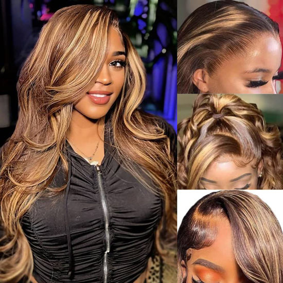 Picture of Avolo Highlight Ombre Lace Front Wig Human Hair Pre Plucked Honey Blonde 4/27 Colored Wig Transparent HD 13x4 Body Wave Frontal Wigs With Baby Hair 22 Inch