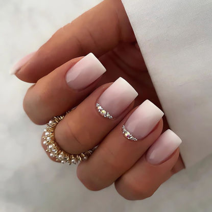 Picture of SINSEN Press on Nails Short - Gradient Pink White Press on Nails Square, Glossy Rhinestone Fake Nails with Adhesive Glue Tabs, Reusable Stick on Nails in 12 Sizes, 24 Pcs Short Square French Nails