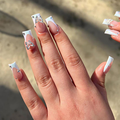 Picture of SINSEN Square Press on Nails Medium - White French Tip Press on Nails, 3D Butterfly Fake Nails with Rhinestones, Reusable Stick on Nails in 12 Sizes, 24Pcs Medium Square French Nails with Glue Tabs