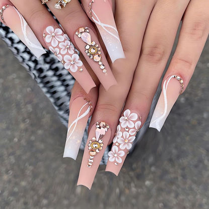 Picture of SINSEN Press on Nails Long - White Flowers Press on Nails Coffin Shape, Glossy Pink Fake Nails with Adhesive Glue Stickers, Reusable Stick on Nails in 12 Sizes, 24 Pcs Long Coffin Nails