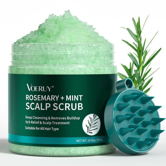 Picture of VOERUY Scalp Scrub, Rosemary Scalp Exfoliator Scrub Shampoo, 2-in-1 Scalp Treatment with Mint Oil, Hair Treatment to Clarify and Remove Build Up with Silicone Scalp Massager, 10.6oz/300g