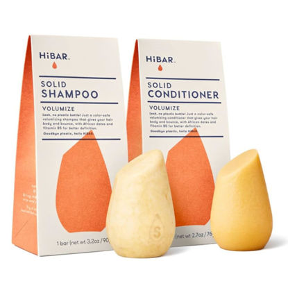 Picture of HiBAR - Volumize Shampoo & Conditioner Set - For Fine, Flat Hair - Add Body, Definition & Volume - African Dates & Vitamin B5 - Plastic, Soap, Paraben & Sulfate-Free - Color Safe & Vegan -2 Solid Bars