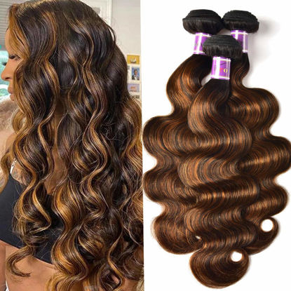 Picture of UNICE Brown Highlight Body Wave Human Hair Weave 3 Bundles 12 12 14 inches, Brazilian Remy Hair Ombre Blonde Human Hair Wavy Weaves Sew in FB30 Piano Color