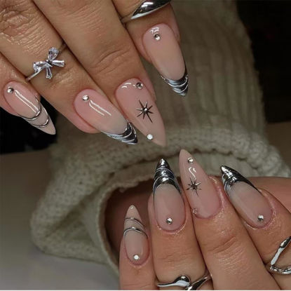 Picture of Silver Press on Nails Medium Almond Fake Nails Nude Glossy False Nails with Design Shiny Rhinestone Glue on Nails Reusable Artificial Acrylic Full Cover Star Stick on Nails for Women Manicure 24Pcs