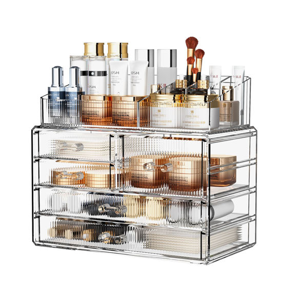 Picture of ZHIAI Stackable Storage Drawers, Acrylic Bathroom Counter Organizer Clear Makeup Organizers for Vanity, Kitchen Cabinets, Bathroom, Undersink, Home Organization and Storage (2Top 3 Drawers,)