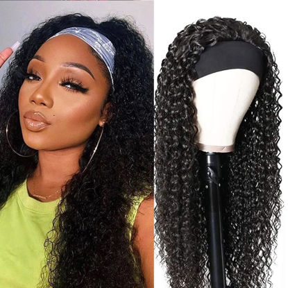 Picture of XSY Headband Wig Human Hair Deep Wave Human Hair Wigs for Black Women Curly Half Wig None Lace Front Wigs 150% Density 26 Inch Brazilian Virgin Hair Natural Color