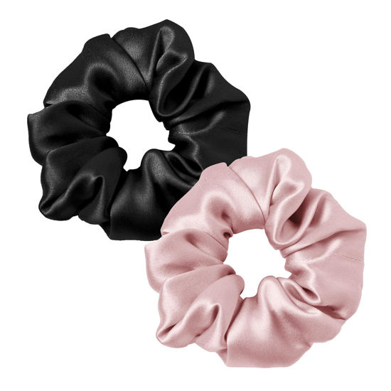 Picture of LILYSILK Silk Hair Scrunchies/Ties for Frizz & Breakage Prevention, 100% Mulberry, No Damage, Elastic ponytail Holders, 2Pc, Black&Rosy Pink