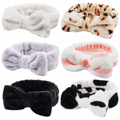 Picture of Casoty 6 Pieces Bow Hair Band Spa Headband for Women Soft Coral Fleece Headband for Washing Face Terry Cloth Headband Makeup Headband Yoga Sport Headband
