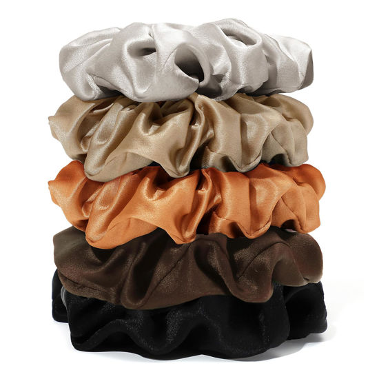 Picture of LILYSILK Silk Hair Scrunchies/Ties for Frizz & Breakage Prevention, 100% Mulberry, No Damage, Elastic ponytail Holders, 5PC, Fixed Colors (Black+Light Coffee+Bright Coffee+Caramel+Chocolate)