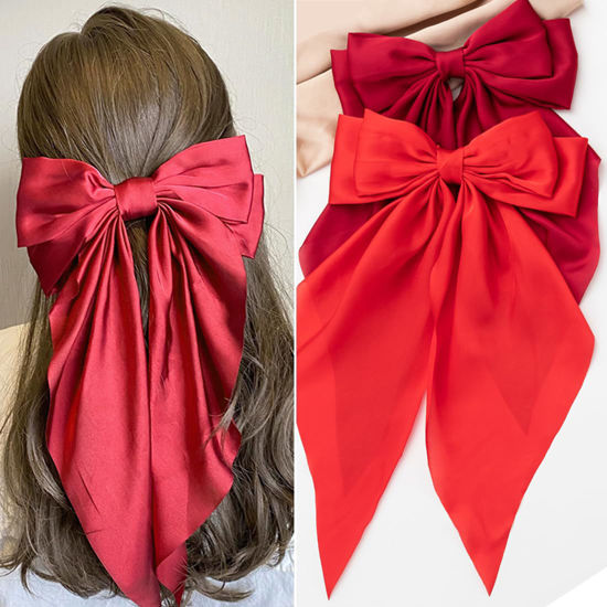 Picture of Seneeel Hair Bows 2 PCS, Ribbon Bow for Women, Hair Ribbons, Oversized Long-tail Cute Aesthetic Hair Accessories, Large Hair Barrettes for Women, Big Bows for Girls (Bright red wine red)
