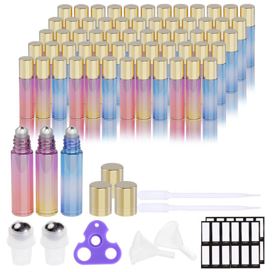 Picture of PrettyCare Roller Bottles For Oils 10 ml (Multicolor Glass, 60 Pack, 10 Extra Stainless Steel Balls, 72 Labels, 4 Opener, 6 Funnels Essential Oil Roller Bottles, Roller on Bottles