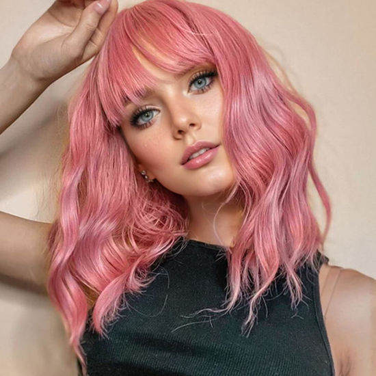 Picture of VCKOVCKO 14Inches Loose Wave Bob Wig Wavy Pink Bob Wig with Air Bang Curly Hair Wigs Synthetic Cosplay Party Wigs for Women (14Inches,Solid Pink)