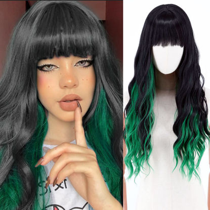 Picture of MERISIHAIR Long Black and Green Wig with Bangs,Long Green Wigs for Women,Green and Black Wavy Wig Heat Resistant Synthetic for Party Costume(Green and Black)