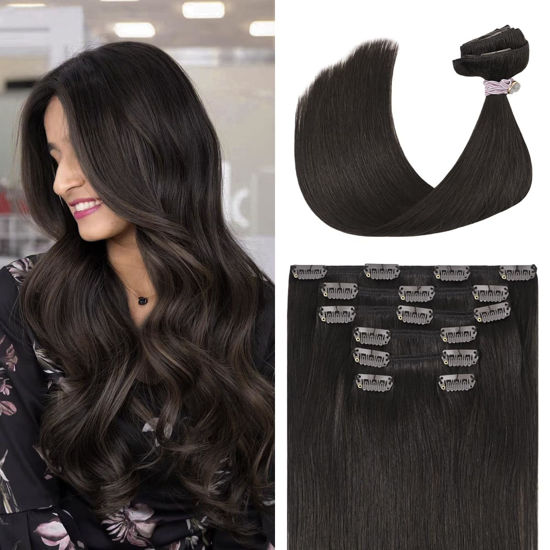 Picture of UGOTRAYS Dark Brown Clip in Hair Extensions Real Human Hair 70g 22 inches 100% Remy Human Hair Clip in Extensions Straight Double Weft for Full Head 7pcs 16clips One Pack #2 Brown Hair Extensions