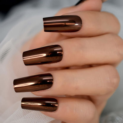 Picture of Champagne Metallic Press On Nails Long Coffin Shiny Fancy Sexy Prom Party Gold Coffee Faux Ongles 24pcs