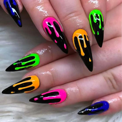 Picture of French Press on Nails Long Stiletto Fake Nails Colorful Drops Designs Glue on False Nails Full Cover Gel Almond Stick on Nail Artificial Glossy Acrylic Nails for Women 24Pcs