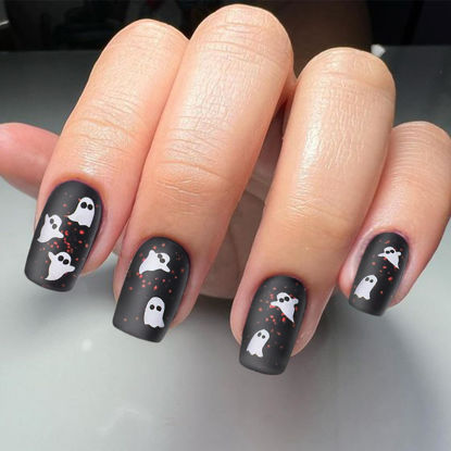 Picture of Cute Ghost Press on Nails Medium Square Fake Nails Halloween Acrylic Nails Kit Full Cover Glue on Nails Spooky False Nails for Women Girls 24Pcs