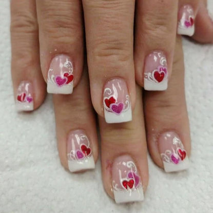 Picture of 24Pcs Valentines Day Press on Nails Short Square Fake Nails Pink Red Glitter Heart Nails Design French Tip False Nails Cute Glue on Nails for Women Romantic Valentines Artificial Acrylic Nails Decor