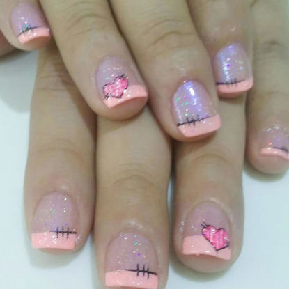 Picture of 24Pcs Valentines Day Press on Nails Short False Nails Heart Nails Tip Design Acrylic Nails Glitter Full Cover Square Stick on Nails Pink French Tip Fake Nails for Women Wedding Nail Art Decoration